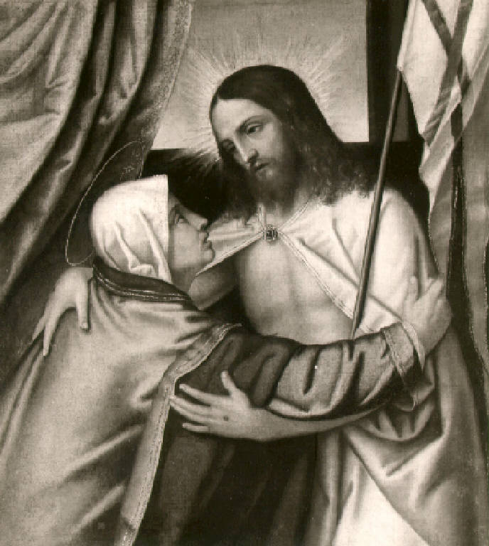 Cristo risorto incontra la Madonna (dipinto, opera isolata) di Richiedei Marco (secondo quarto sec. XVI)