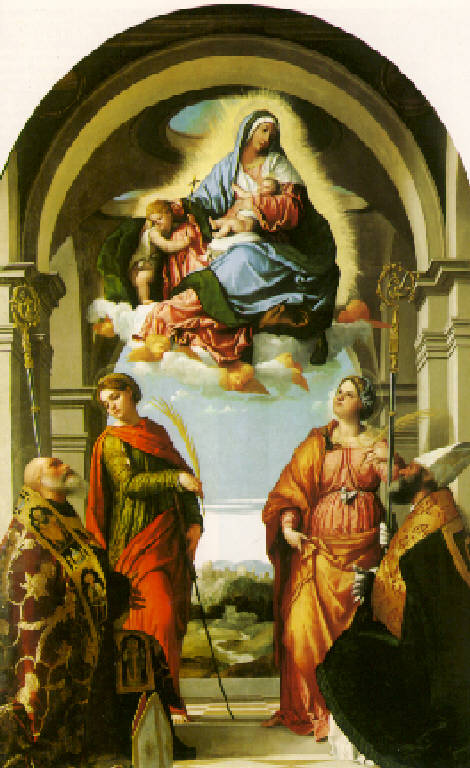 Madonna con Bambino e San Giovannino in Gloria, San Benedetto, San Paterio, Sant'Eufemia e Santa Giustina (dipinto, opera isolata) di Bonvicino Alessandro detto Moretto (secondo quarto sec. XVI)