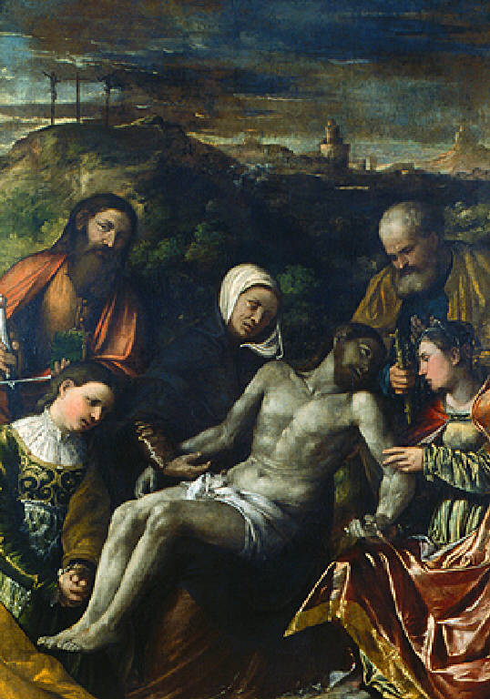 Pietà con San Paolo, San Giuseppe e le pie donne (dipinto, opera isolata) di Girolamo di Romano detto Romanino (secondo quarto sec. XVI)
