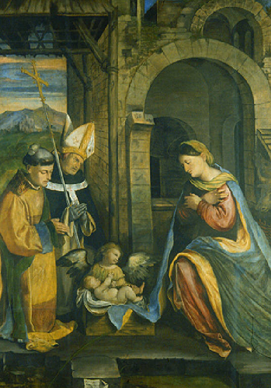 Adorazione del Bambino con la Madonna, un angelo, Santo Stefano e Sant'Antonino (dipinto, opera isolata) di Piazza Callisto (primo quarto sec. XVI)