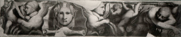 Fregio con putti, divinità fluviali, mascherone e sfingi (dipinto, opera isolata) di Gambara Lattanzio (secondo quarto sec. XVI)