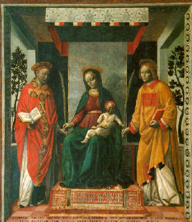 Madonna con Bambino tra San Faustino e San Giovita (dipinto, opera isolata) di Foppa Vincenzo (inizio sec. XVI)