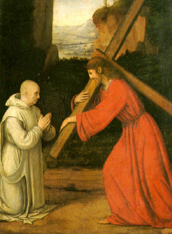 Cristo portacroce e figura maschile di certosino (dipinto, opera isolata) di Solario Andrea (inizio sec. XVI)