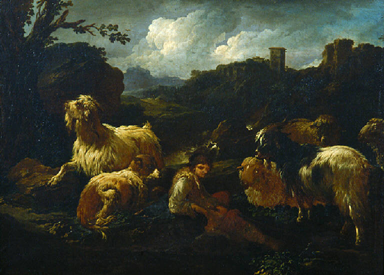 Figura di pastore con capre e pecore (dipinto, opera isolata) di Roos Philipp Peter detto Rosa da Tivoli (sec. XVII)