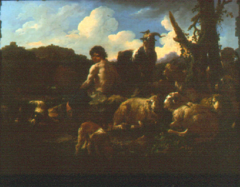 Figura di pastore con pecore e capre (dipinto, opera isolata) di Roos Philipp Peter detto Rosa da Tivoli (sec. XVII)