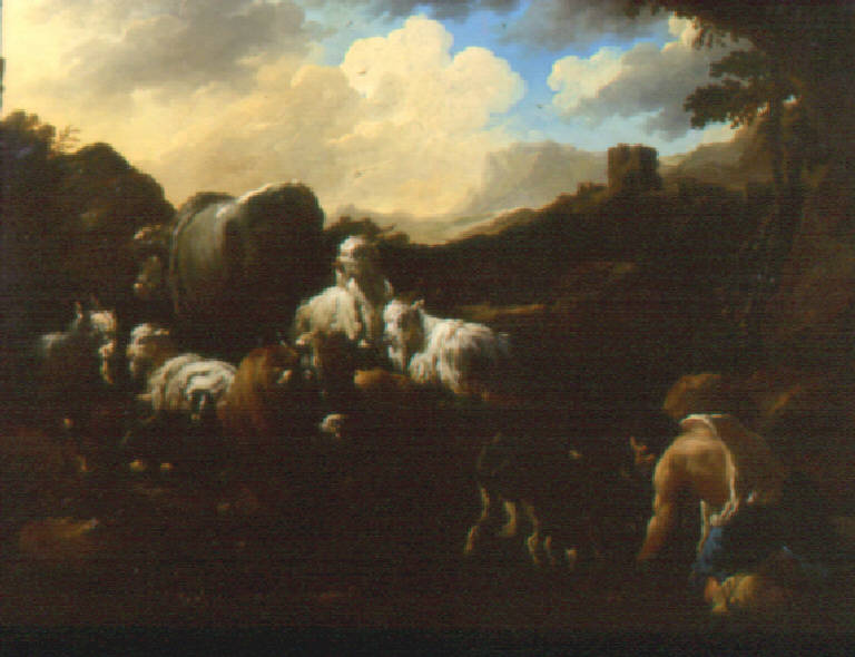 Figura di pastore che beve ad un ruscello, con cane, pecore e mucche (dipinto, opera isolata) di Roos Philipp Peter detto Rosa da Tivoli (sec. XVII)