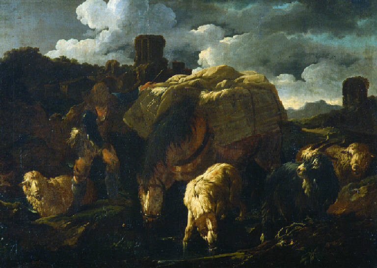 Figura maschile con cavallo e pecore (dipinto, opera isolata) di Roos Philipp Peter detto Rosa da Tivoli (sec. XVII)