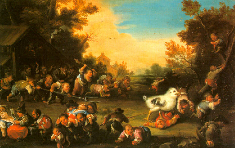 Caccia al pulcino (dipinto, opera isolata) di Bocchi Faustino detto Bamboccio (sec. XVIII)