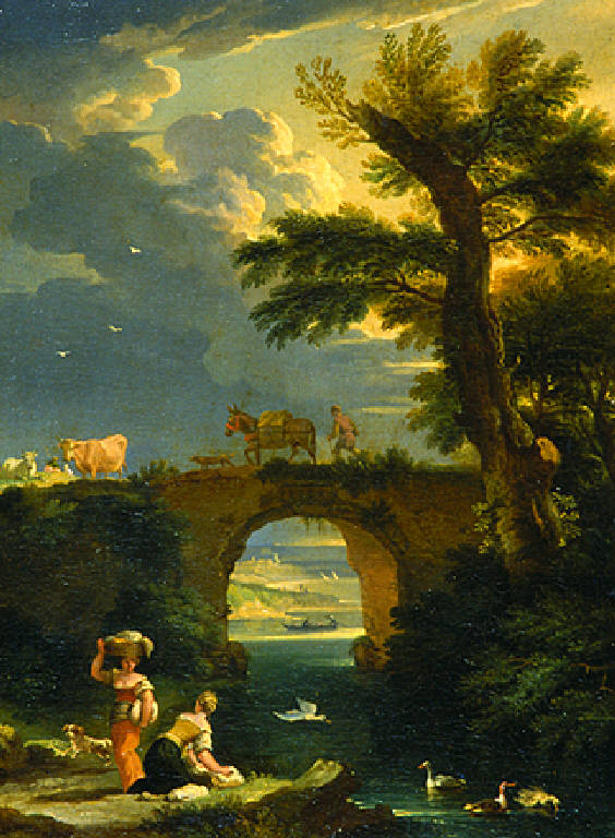 Figure di lavandaie presso un ponte (dipinto, opera isolata) di Mulier Pieter il Giovane detto Cavalier Tempesta (fine sec. XVII)