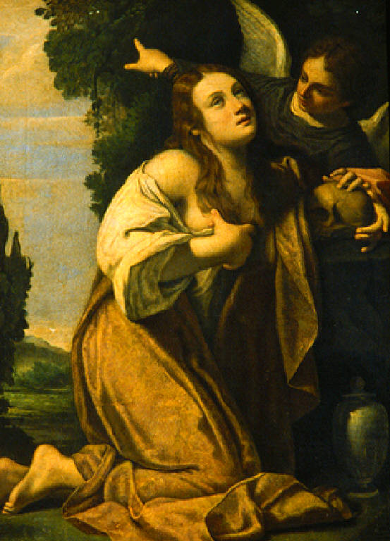 Santa Maria Maddalena e l'angelo (dipinto, opera isolata) - scuola bolognese (secondo quarto sec. XVII)