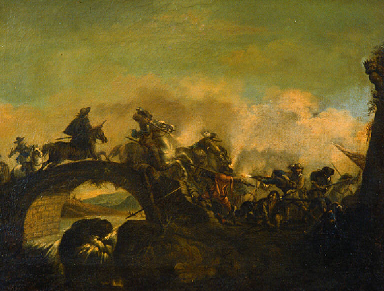Battaglia tra fanti e cavalieri presso un ponte (dipinto, opera isolata) - scuola veneta (metà sec. XVIII)
