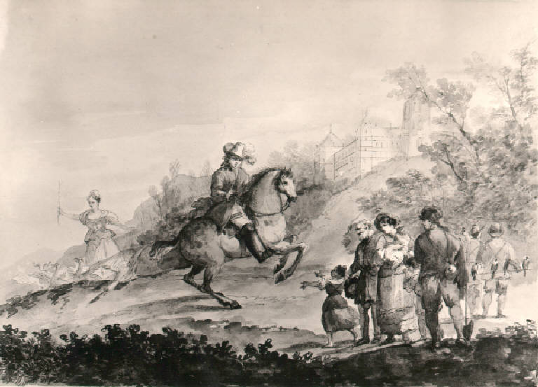 Figura maschile a cavallo tra figure di paesani (dipinto, opera isolata) di Bison Giuseppe Bernardino (fine sec. XVIII)