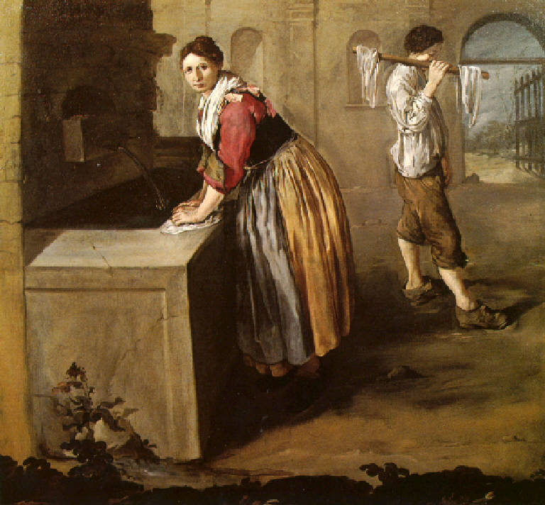 Figura di lavandaia alla fontana e figura di giovane aiutante (dipinto, opera isolata) di Ceruti Giacomo (prima metà sec. XVIII)