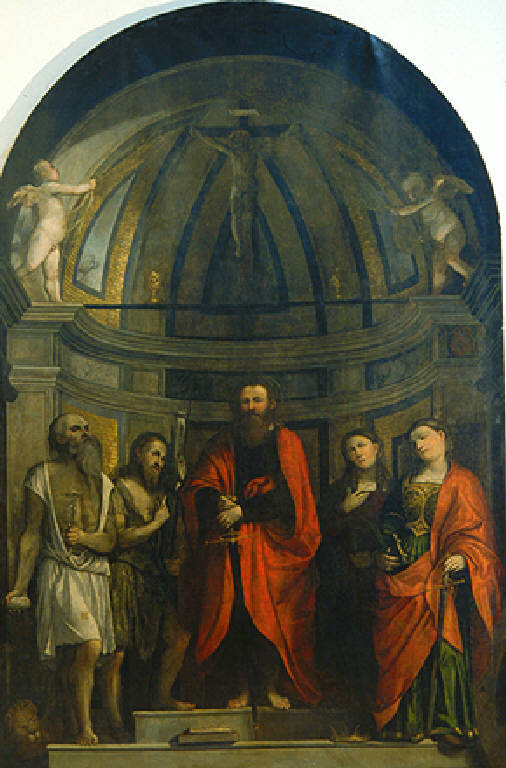 San Paolo tra San Girolamo, San Giovanni Battista, Santa Maria Maddalena e Santa Caterina d'Alessandria; nel catino absidale Cristo crocifisso tra due putti che reggono un velo (dipinto, opera isolata) di Girolamo di Romano detto Romanino (metà sec. XVI)