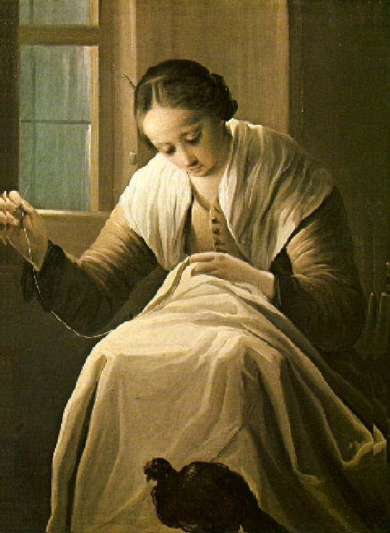 Figura femminile che cuce (dipinto, opera isolata) di Cifrondi Antonio (secondo quarto sec. XVIII)