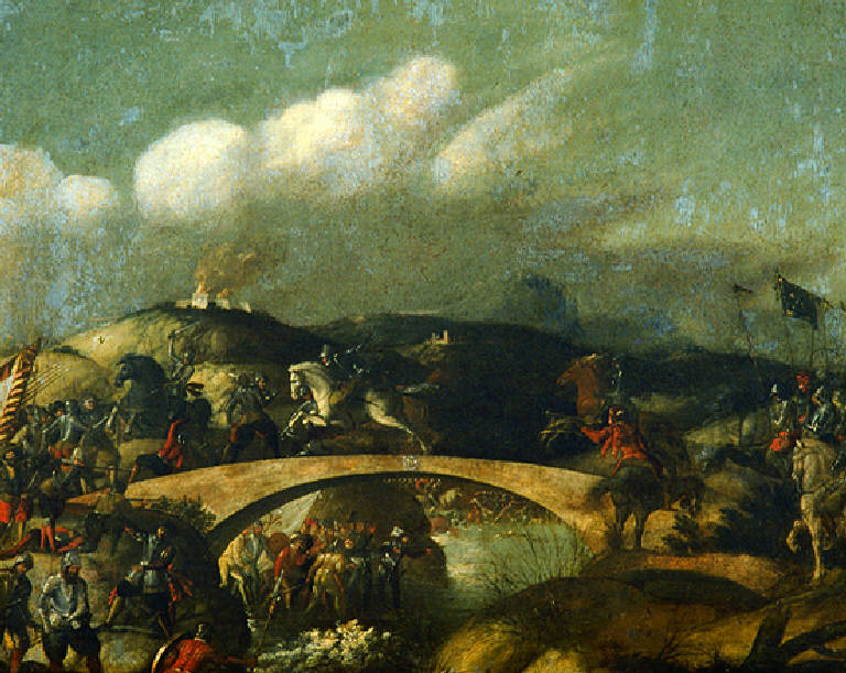 Battaglia di soldati presso un ponte (dipinto, opera isolata) - scuola tedesca (inizio sec. XVII)