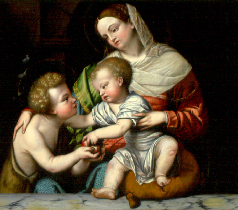 Madonna con Bambino e San Giovanni Battista fanciullo (dipinto, opera isolata) di Bonvicino Alessandro detto Moretto (cerchia) (secondo quarto sec. XVI)