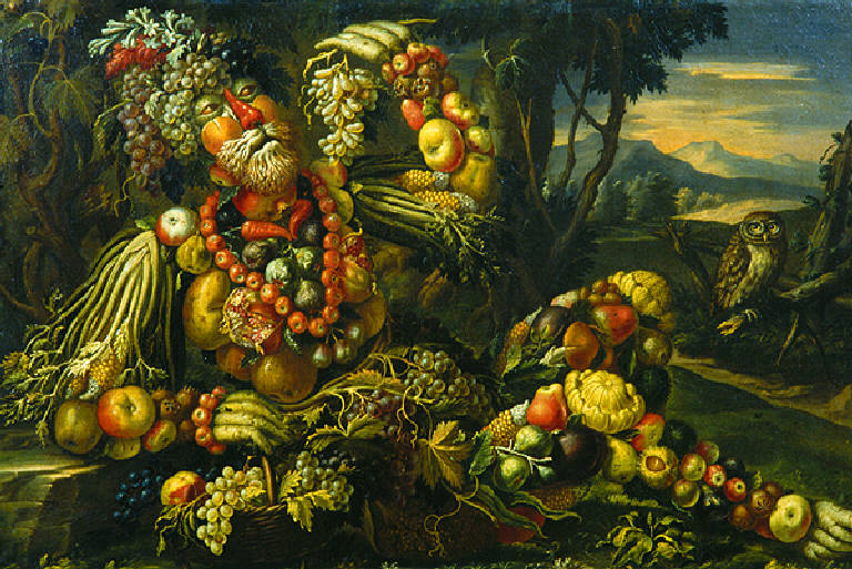 Natura morta con frutta e verdura di stagione (dipinto, opera isolata) di Arcimboldi Giuseppe (maniera) (fine sec. XVI)