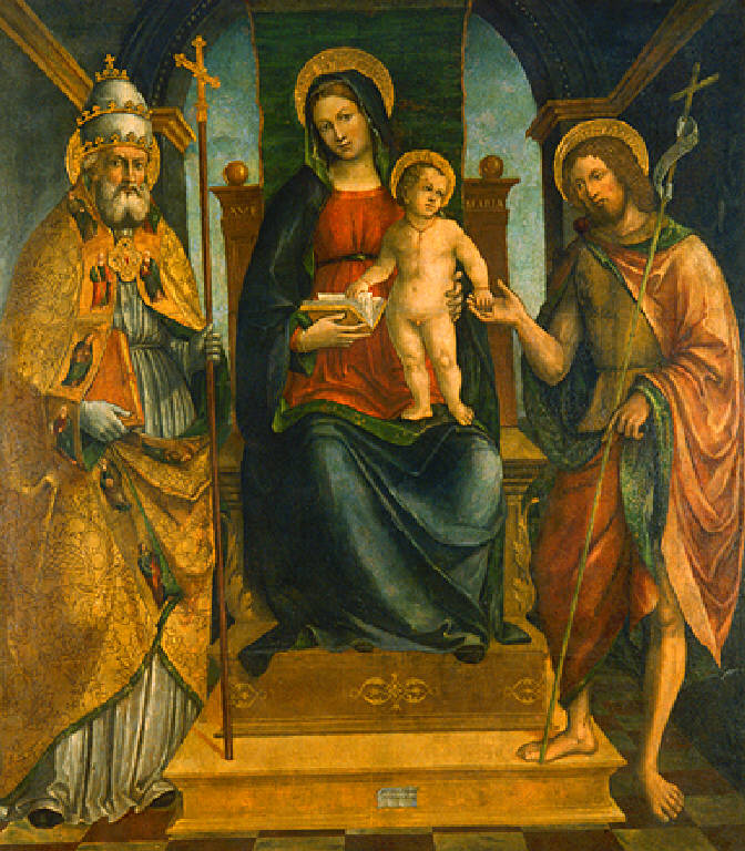 Madonna in trono con Gesù Bambino fra San Giovanni Battista e San Gregorio Magno (?) (dipinto, opera isolata) di Ferramola Floriano (primo quarto sec. XVI)