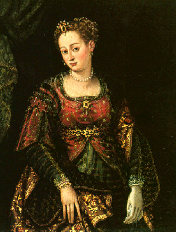 Ritratto di giovane donna con ricche vesti e gioielli (dipinto, opera isolata) di Mombello Luca (seconda metà sec. XVI)
