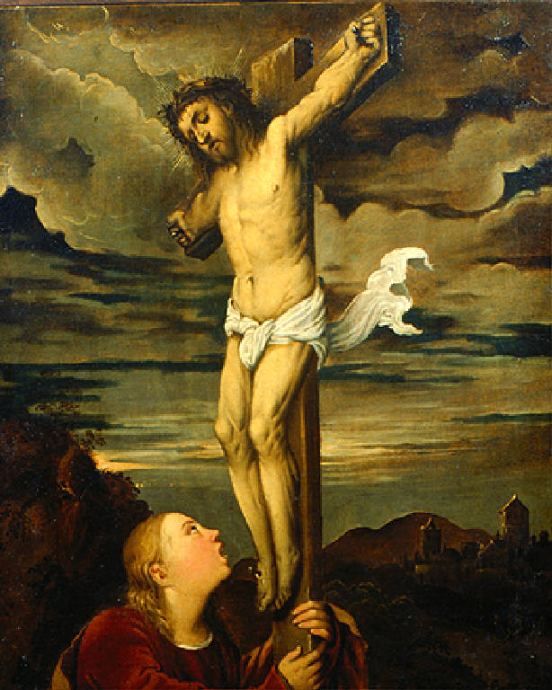 Cristo in croce e Santa Maria Maddalena (dipinto, opera isolata) di Girolamo di Romano detto Romanino (metà sec. XVI)