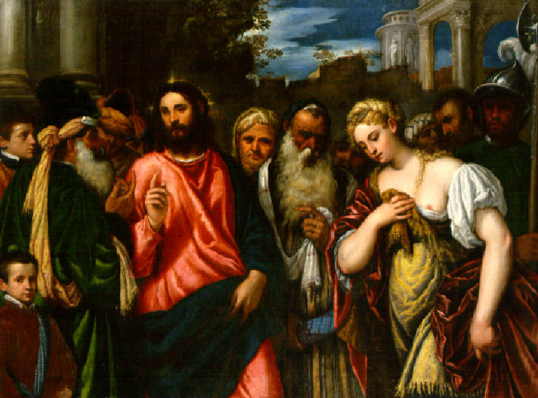 Cristo e l'adultera (dipinto, opera isolata) di Renzi Polidoro de' detto Polidoro da Lanciano (sec. XVI)