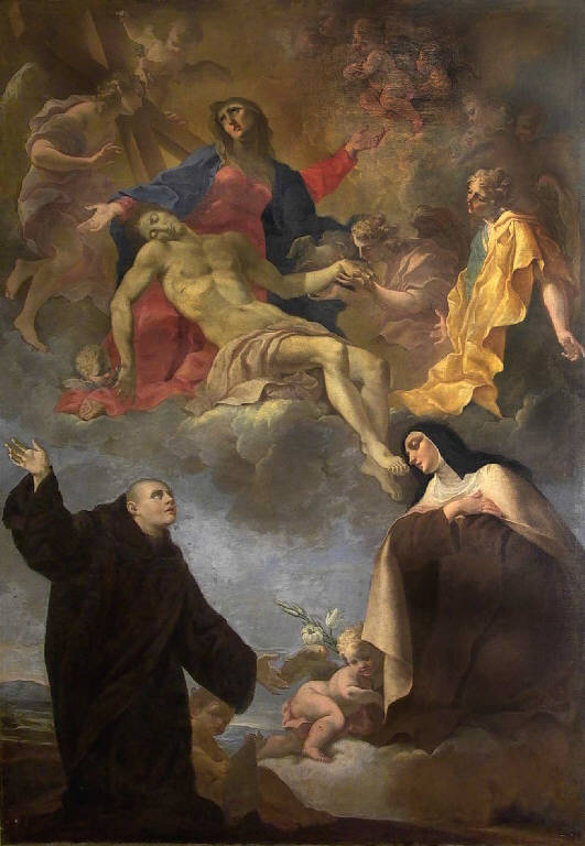 Pietà con san Giovanni di Dio, santa Teresa d'Avila e angeli (dipinto, opera isolata) di Tortelli Giuseppe (sec. XVIII)