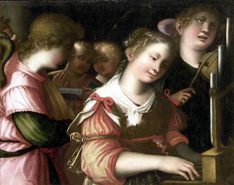 Santa Cecilia con angeli in concerto (dipinto, opera isolata) - scuola cremonese (seconda metà sec. XVI)