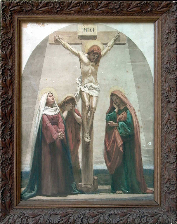 Crocifissione di Cristo con la Madonna, santa Maria Maddalena e san Giovanni Evangelista (dipinto, opera isolata) di Riva Giuseppe (sec. XX)