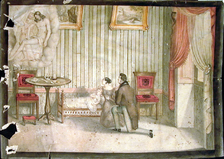 Ex voto con bambino malato e genitori che invocano la Madonna (dipinto, opera isolata) - ambito italiano (inizio sec. XIX)