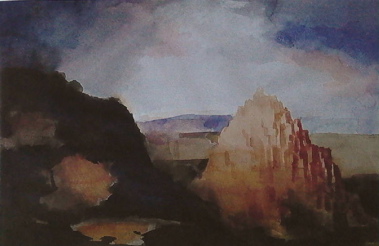 Viaggio nel mito: le cave, Paesaggio allegorico con foreste e montagna (dipinto, opera isolata) di Repossi Giovanni (sec. XX)