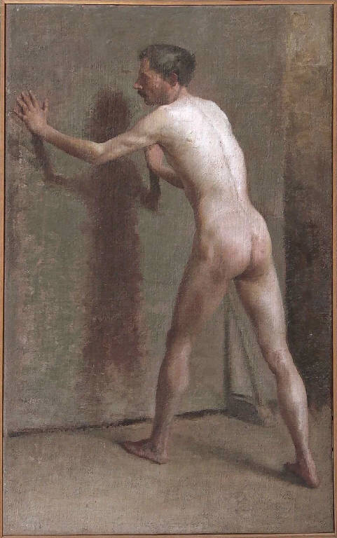 Uomo nudo appoggiato ad un muro (dipinto, opera isolata) di Bondioli Giovanni Maria (fine sec. XIX)