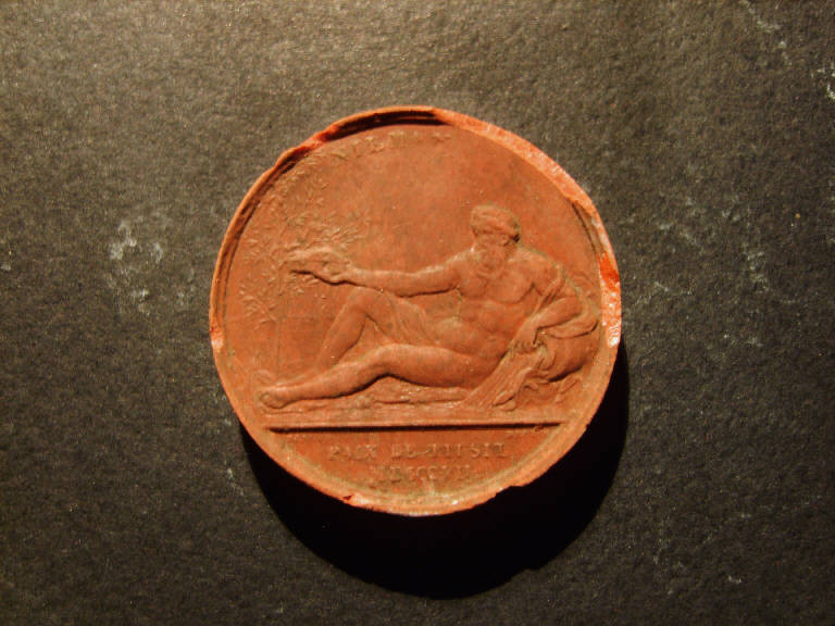 Medaglia commemorativa della pace di Tilsit, Allegoria del fiume Memel (o Niemen) con albero d'ulivo (calco, opera isolata) - ambito italiano (prima metà sec. XIX)