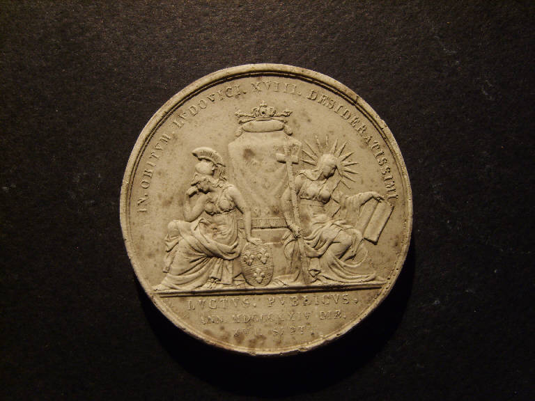 Medaglia commemorativa della morte di Ludovico XVIII, Ludovico XVIII pianto dalla Fede e dalla Francia (calco, opera isolata) - ambito italiano (secondo quarto sec. XIX)