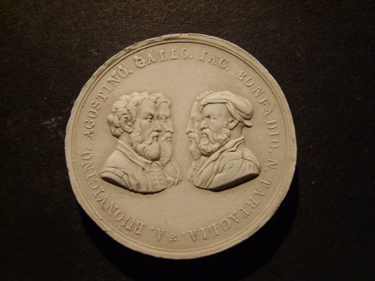 Ritratto di quattro illustri bresciani: A. Buonvicino, Agostino Gallo, Jacopo Bonfadio, Niccolò Tartaglia, Ritratto di A. Buonvicino, Agostino Gallo, Jacopo Bonfadio, Niccolò Tartaglia (calco, opera isolata) - ambito italiano (prima metà sec. XIX)