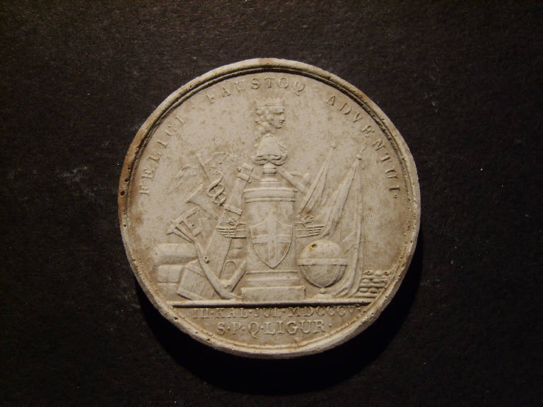 Allegoria dell'annessione della Repubblica ligure alla Francia con cippo della città di Genova e simboli vari (calco, opera isolata) - ambito italiano (prima metà sec. XIX)