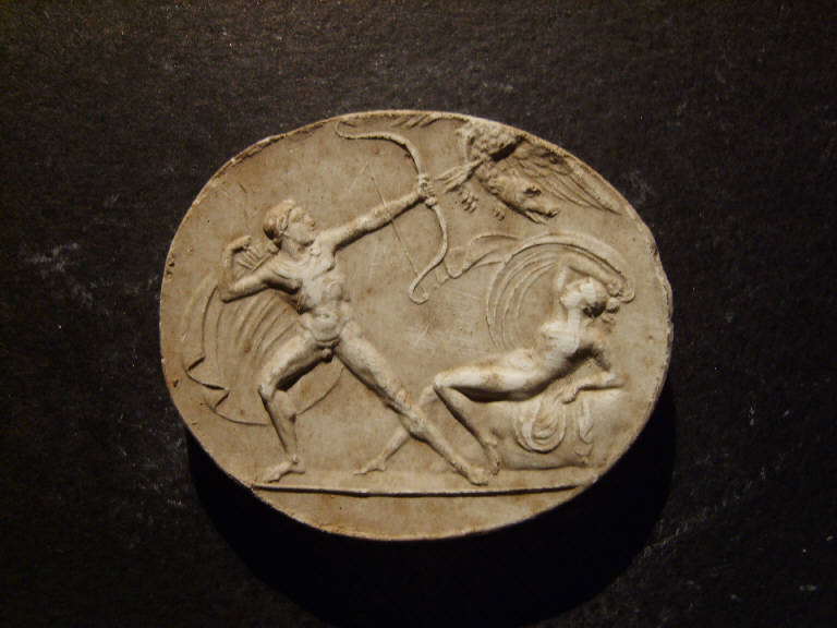 Scena mitologica con eroe che uccide un'aquila con testa di cane per proteggere una fanciulla (calco, opera isolata) - ambito italiano (prima metà sec. XIX)