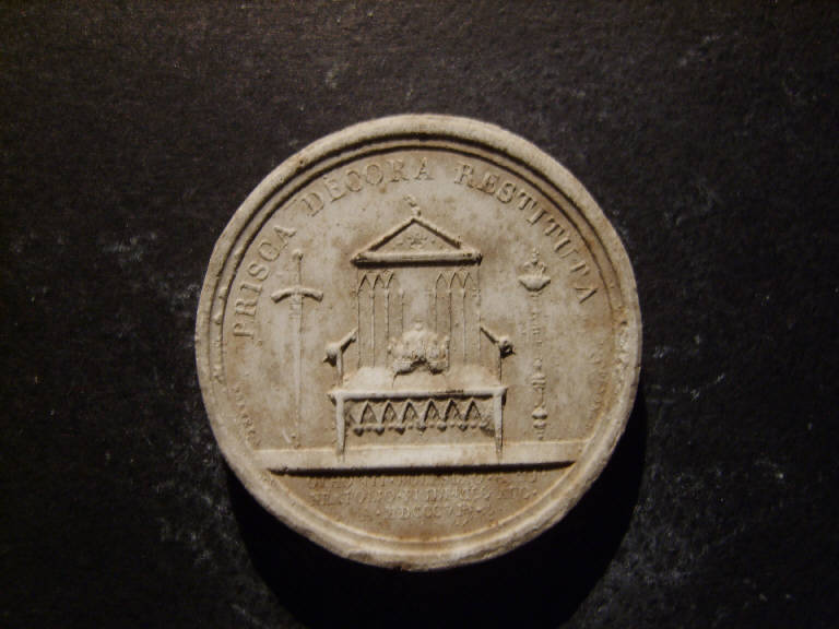 Medaglia commemorativa della creazione del Ducato di Varsavia, Simboli del potere temporale: trono, corona, spada, scettro (calco, opera isolata) - ambito italiano (prima metà sec. XIX)