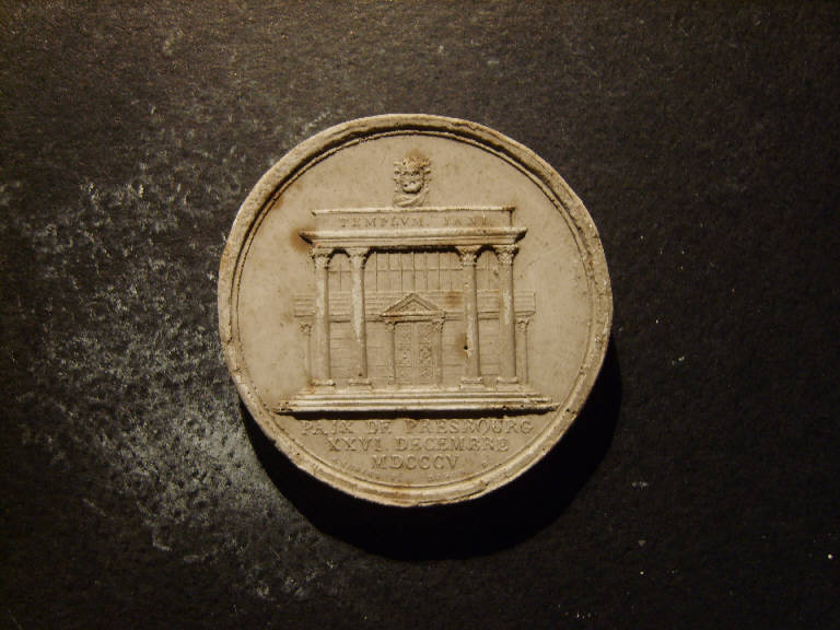 Medaglia allegorica della rottura del Trattato di Presburgo, Tempio di Giano a Presburgo con le porte chiuse (calco, opera isolata) - ambito italiano (prima metà sec. XIX)