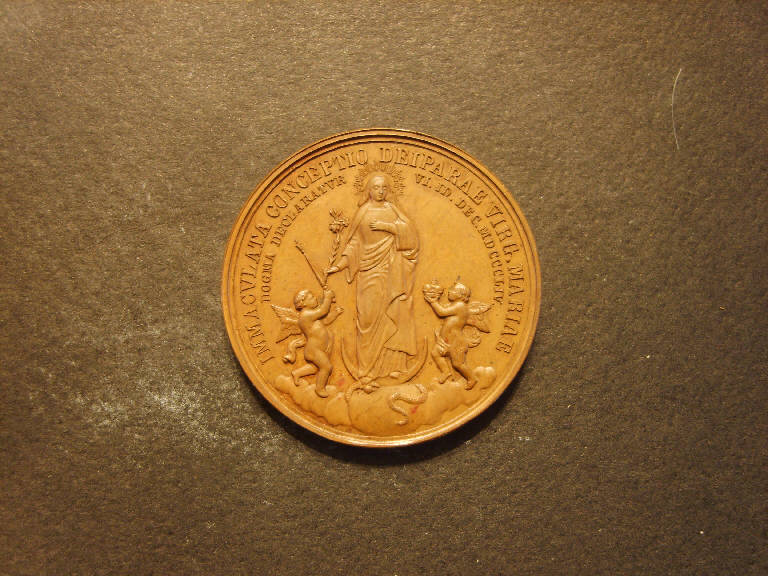 Medaglia commemorativa dell'istituzione del dogma dell'Immacolata concezione, Madonna immacolata/ Ritratto di Pio IX (medaglia, opera isolata) - ambito italiano (sec. XIX)
