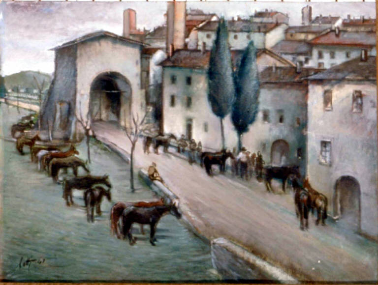 Mercato di cavalli: paesaggio umbro, PAESAGGIO RURALE UMBRO CON CAVALLI (dipinto) di Lotti Benedetto (sec. XX)