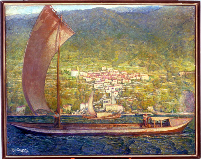 Comballi in navigazione sul lago di Como/ Mattino sul lago, Veduta di Careno sul lago di Como (dipinto) di Longoni Baldassarre (sec. XX)