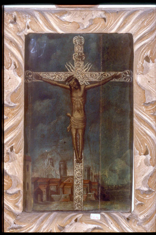 CRISTO CROCIFISSO CON VEDUTA DI COMO (dipinto) - ambito lombardo (inizio sec. XIX)
