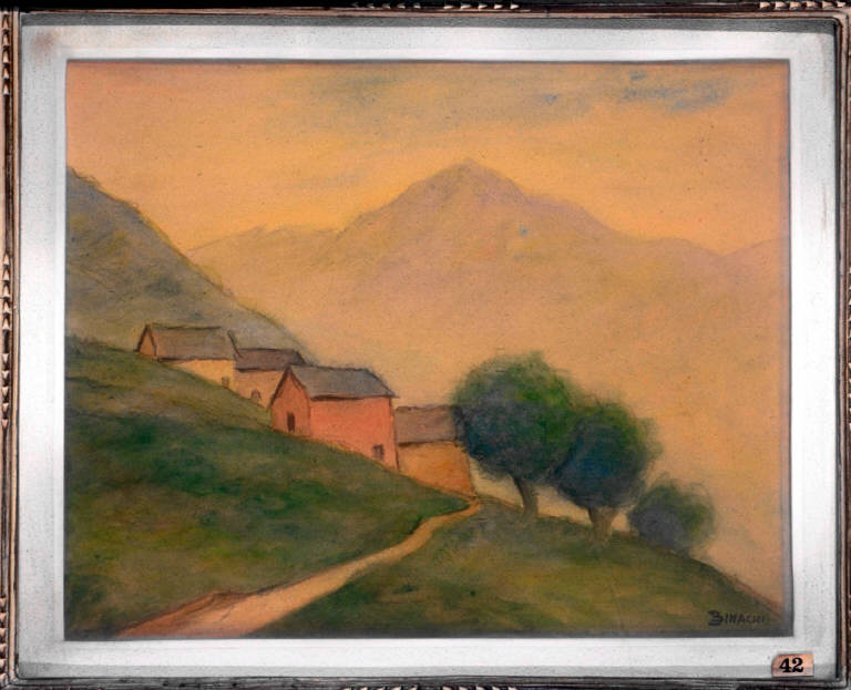 Baite in Val Darengo, PAESAGGIO MONTANO CON BAITE IN VAL DARENGO (dipinto) di Binaghi Luigi (sec. XX)