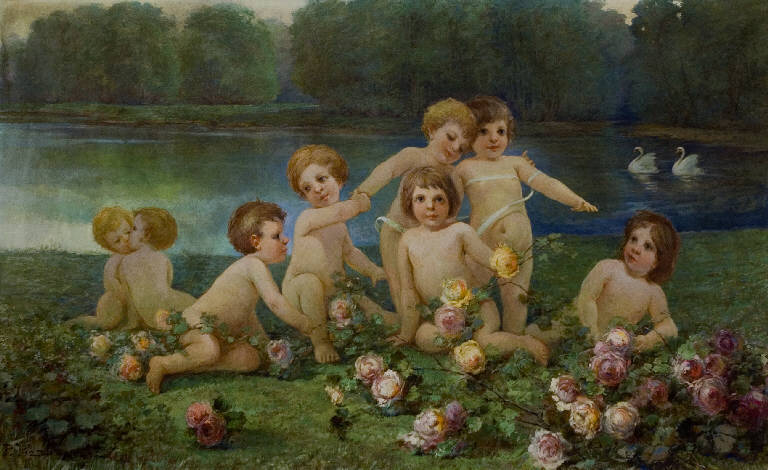 BAMBINI TRA I FIORI, PUTTI (dipinto) di Pizzi Pio (inizio sec. XX)