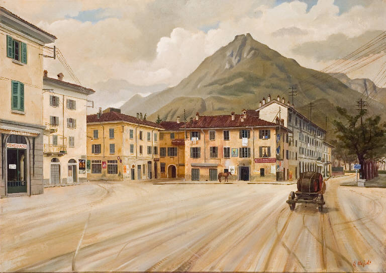 Veduta della vecchia Piazza dei Galli a Lecco (dipinto) di Moioli Ezio (secondo quarto sec. XX)