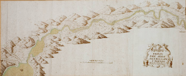 Corso dell'Adda da Lecco a Trezzo (disegno) di Voet Giovanni Gabriele (metà sec. XVIII)
