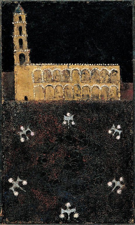 Mexican Night (Curch & Rosette), Paesaggio con architetture (dipinto, opera isolata) di Congdon Grosvenor, William - ambito statunitense Action Painting (sec. XX)