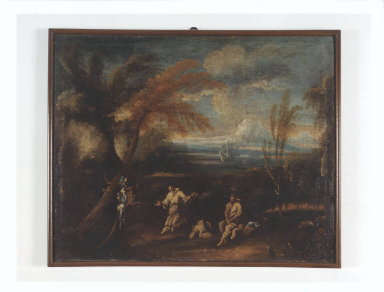 Paesaggio con tre frati, Paesaggio con figure maschili (dipinto, opera isolata) di Magnasco Alessandro detto Lissandrino (bottega) (prima metà sec. XVIII)