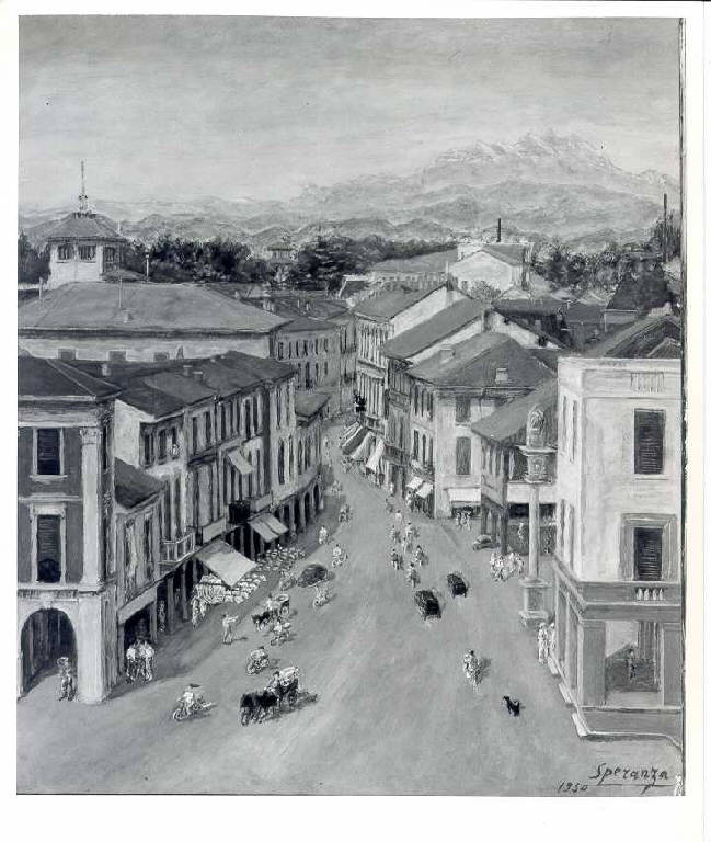 Piazza antica di Gallarate, Veduta di piazza liberta' a gallarate (dipinto, opera isolata) di Speranza Francesco (metà sec. XX)